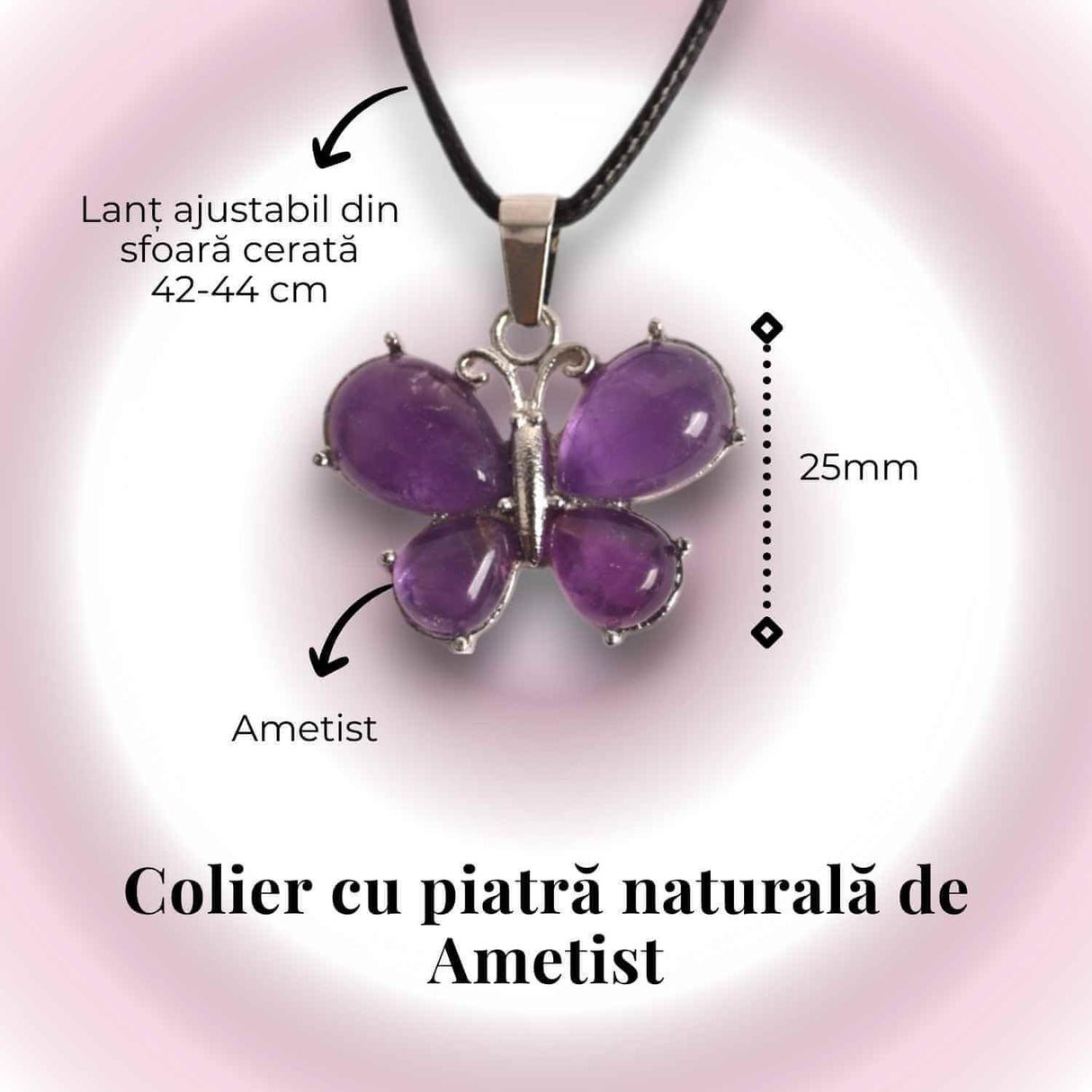 Colier ajustabil fluture cu Ametist - Protecție și Eleganță
