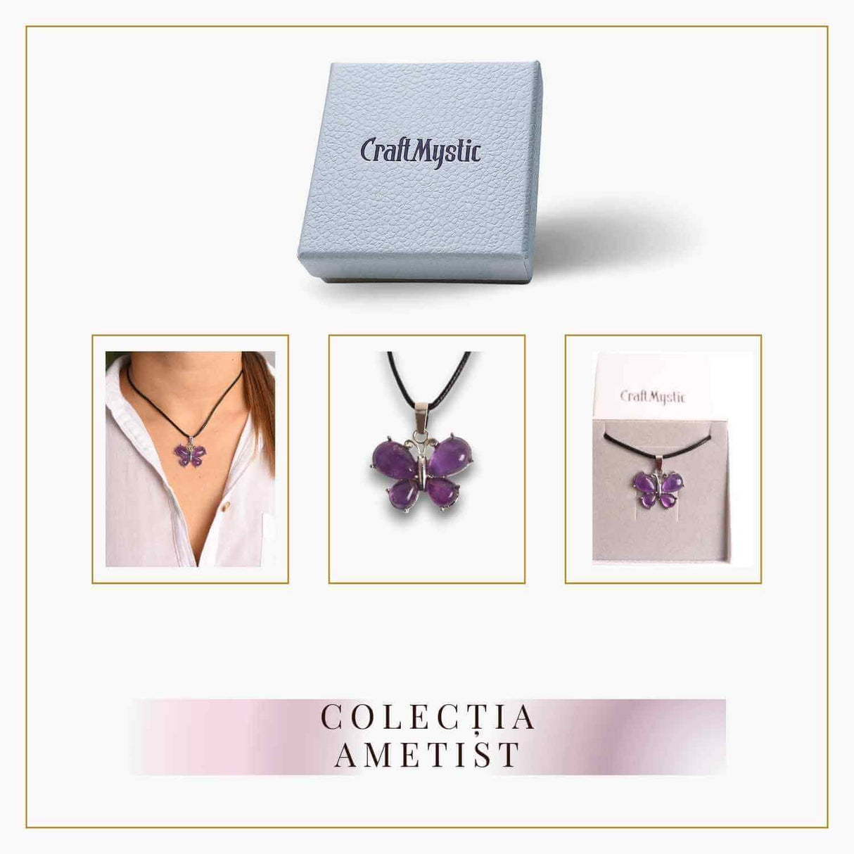 Colier ajustabil fluture cu Ametist - Protecție și Eleganță