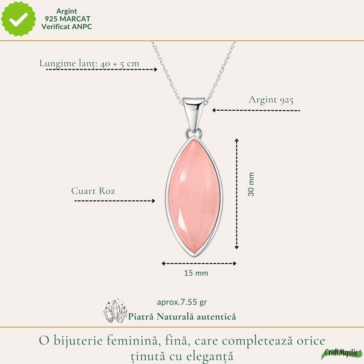 Colier Cuart Roz forma delica din Argint 925 – iubire de sine si feminitate blanda