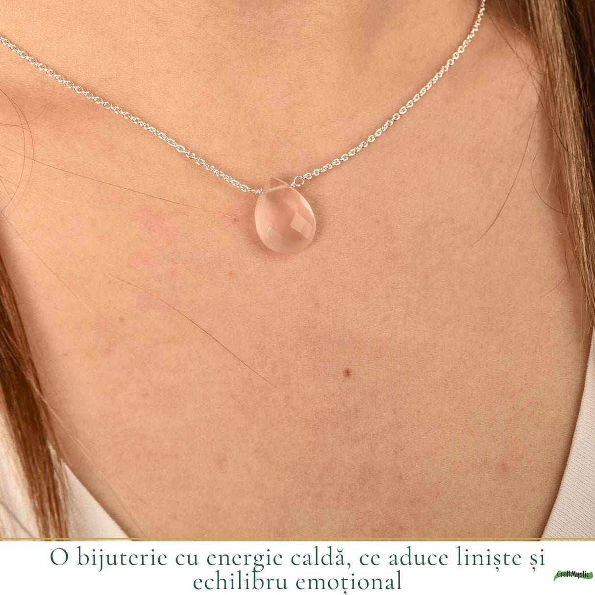 Colier argint 925 cuart roz lacrima – iubire, feminitate si echilibru emotional
