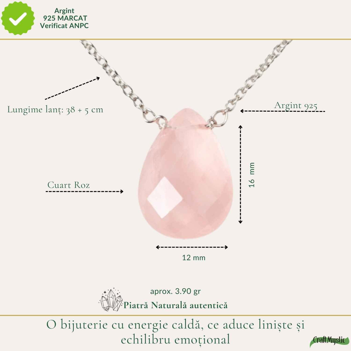 Colier argint 925 cuart roz lacrima – iubire, feminitate si echilibru emotional