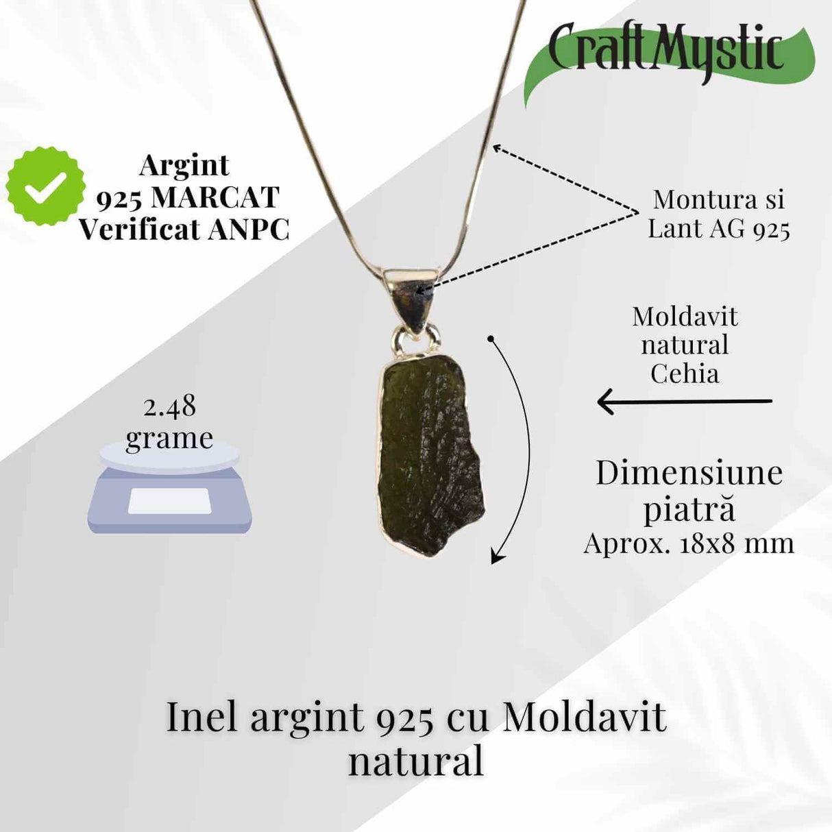 Colier din argint 925 cu moldavit natural, 2.48 gr- Claritate mentala si echilibru energetic