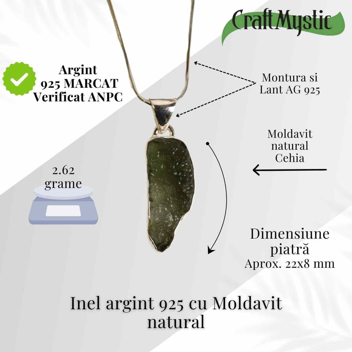 Colier din argint 925 cu moldavit natural, 2.55 gr- Claritate mentala si echilibru energetic