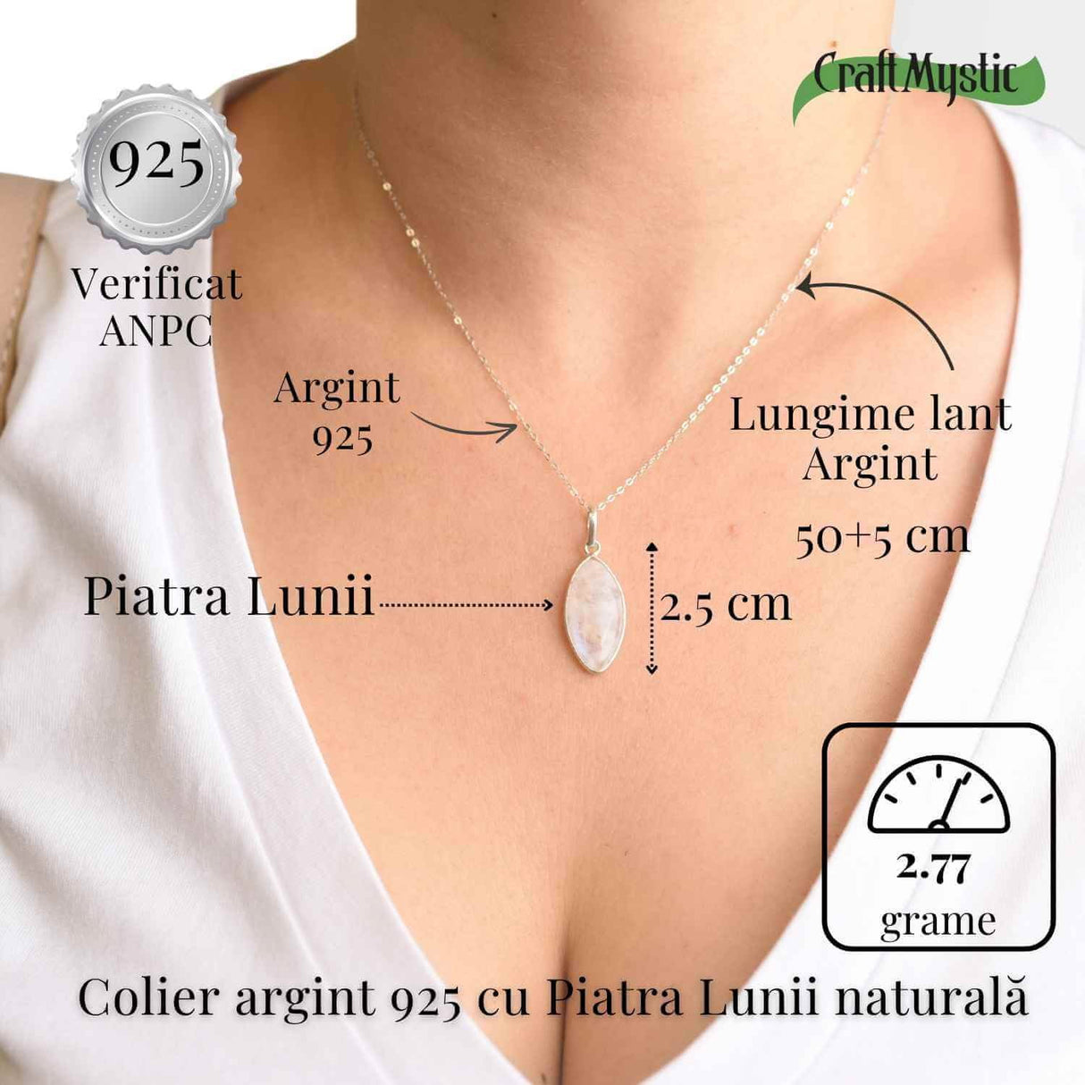 Colier din Argint 925 cu Piatra Lunii in Forma Delica - Intuitie Clara si Energie Feminina