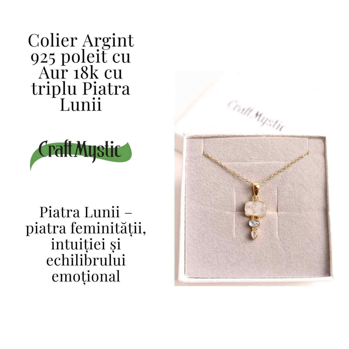 Intuitie si Echilibru Emotional - Colier inox si pandantiv argint 925 placat cu aur de18k si Triplu Piatra Lunii