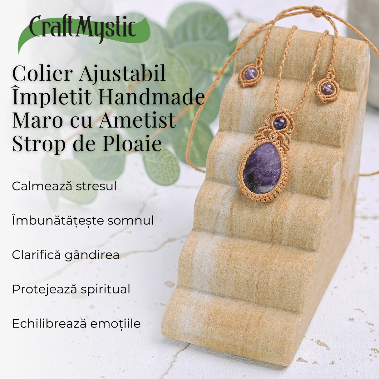 Colier Ajustabil Handmade cu Ametist \\"Strop de Ploaie\\" - Maro, Lungime Maxima 45 cm
