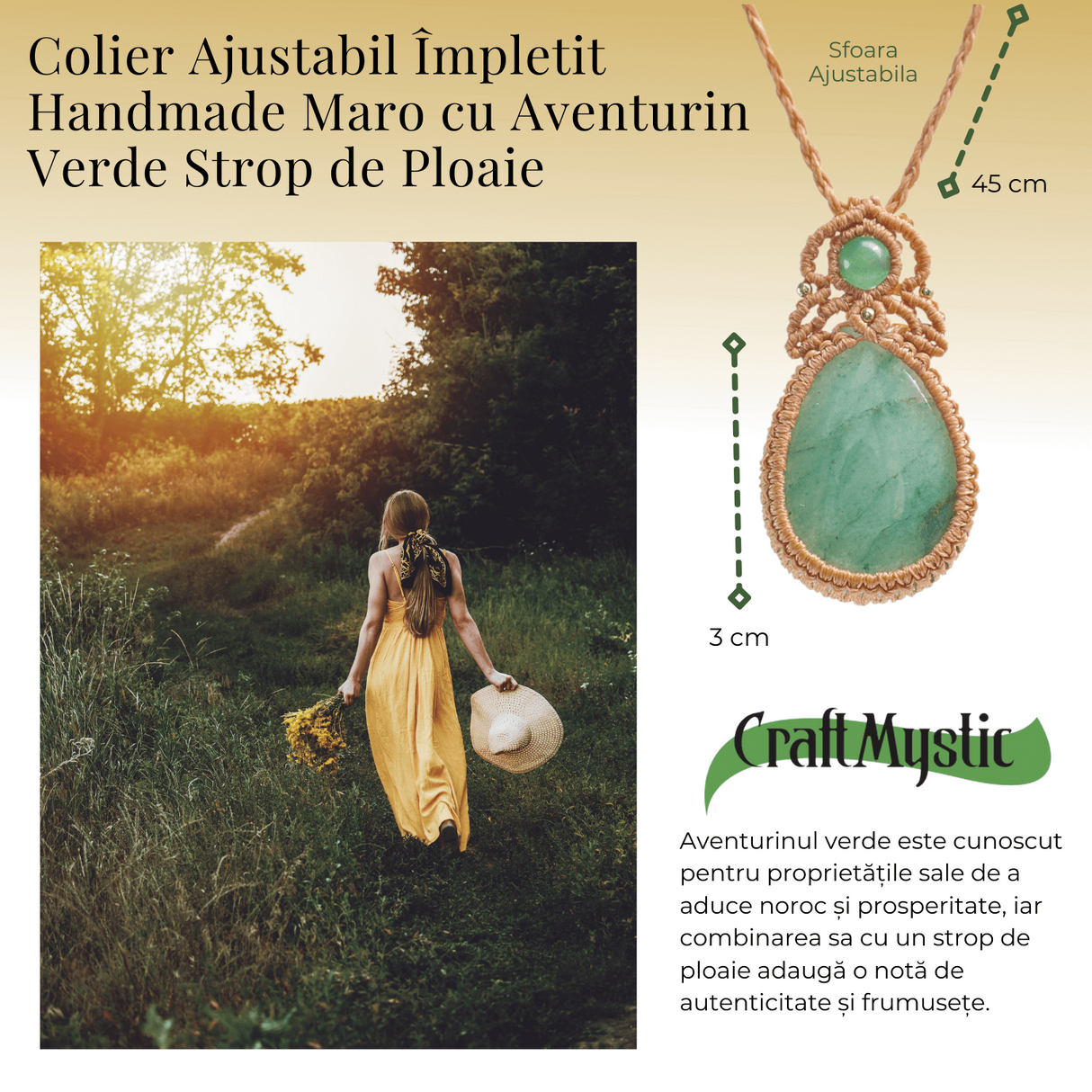 Colier Ajustabil Handmade cu Aventurin Verde \\"Strop de Ploaie\\" - Maro, Lungime Maxima 45 cm