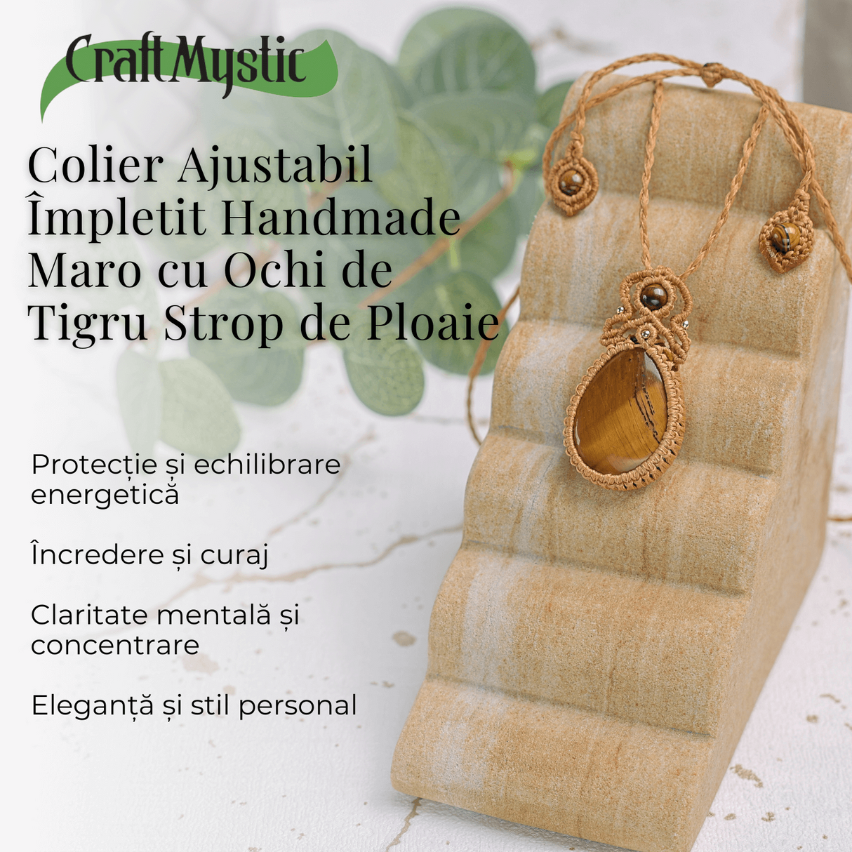 Colier Ajustabil Handmade cu Ochi de Tigru Strop de Ploaie - Maro, Lungime Maxima 45 cm