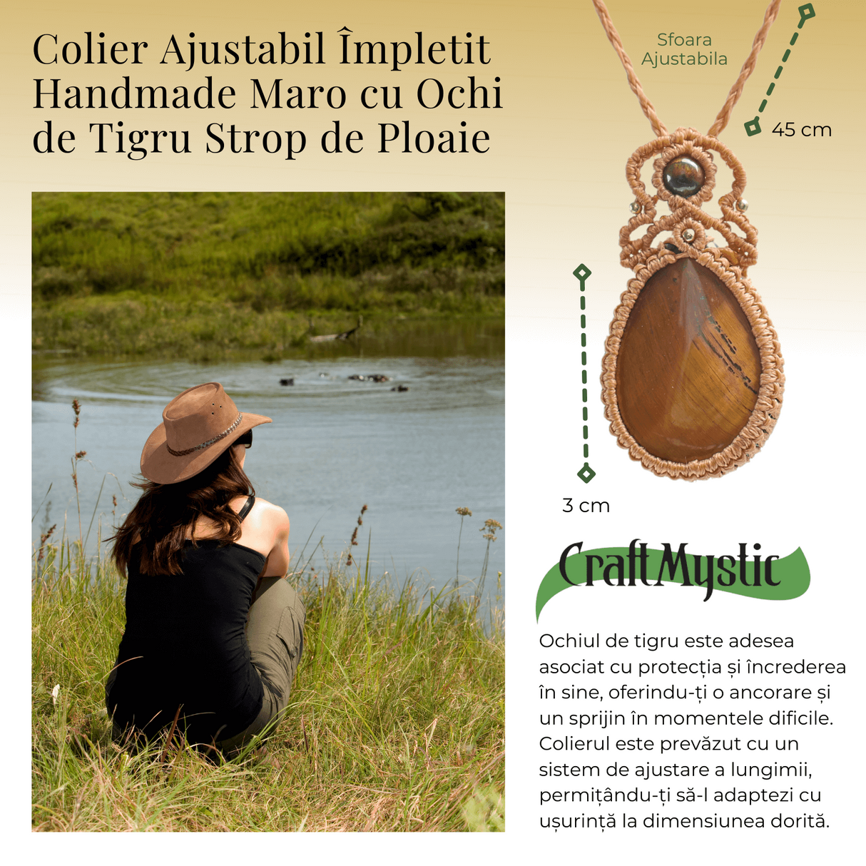 Colier Ajustabil Handmade cu Ochi de Tigru Strop de Ploaie - Maro, Lungime Maxima 45 cm