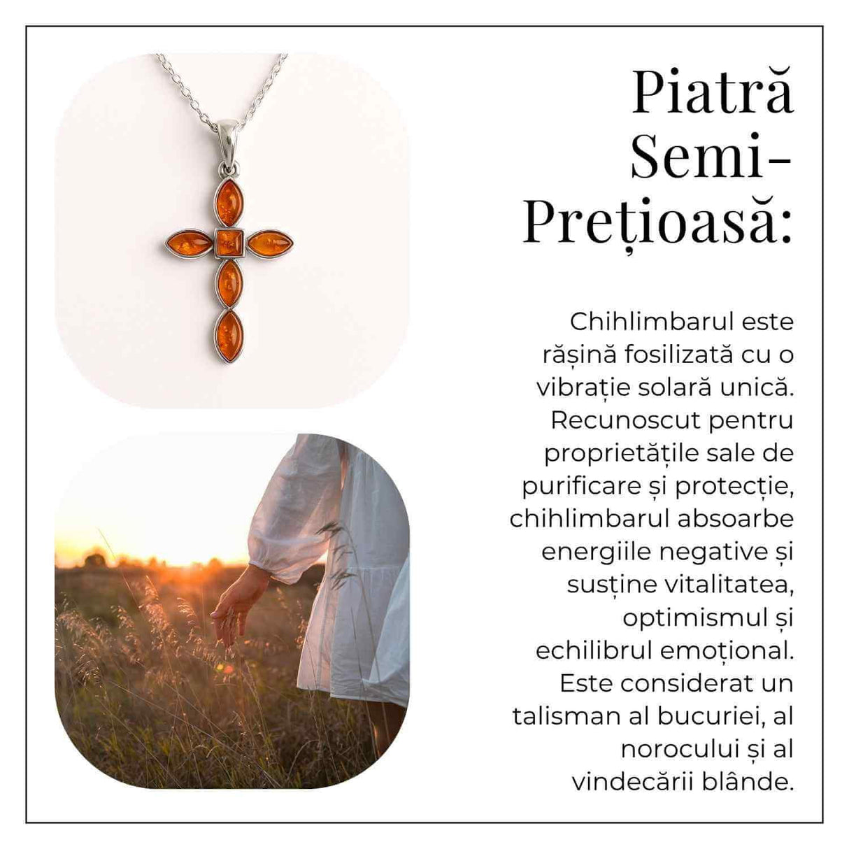 Colier cruce cu chihlimbar si montura argint 925 - Simbol sacru al puritatii si credintei