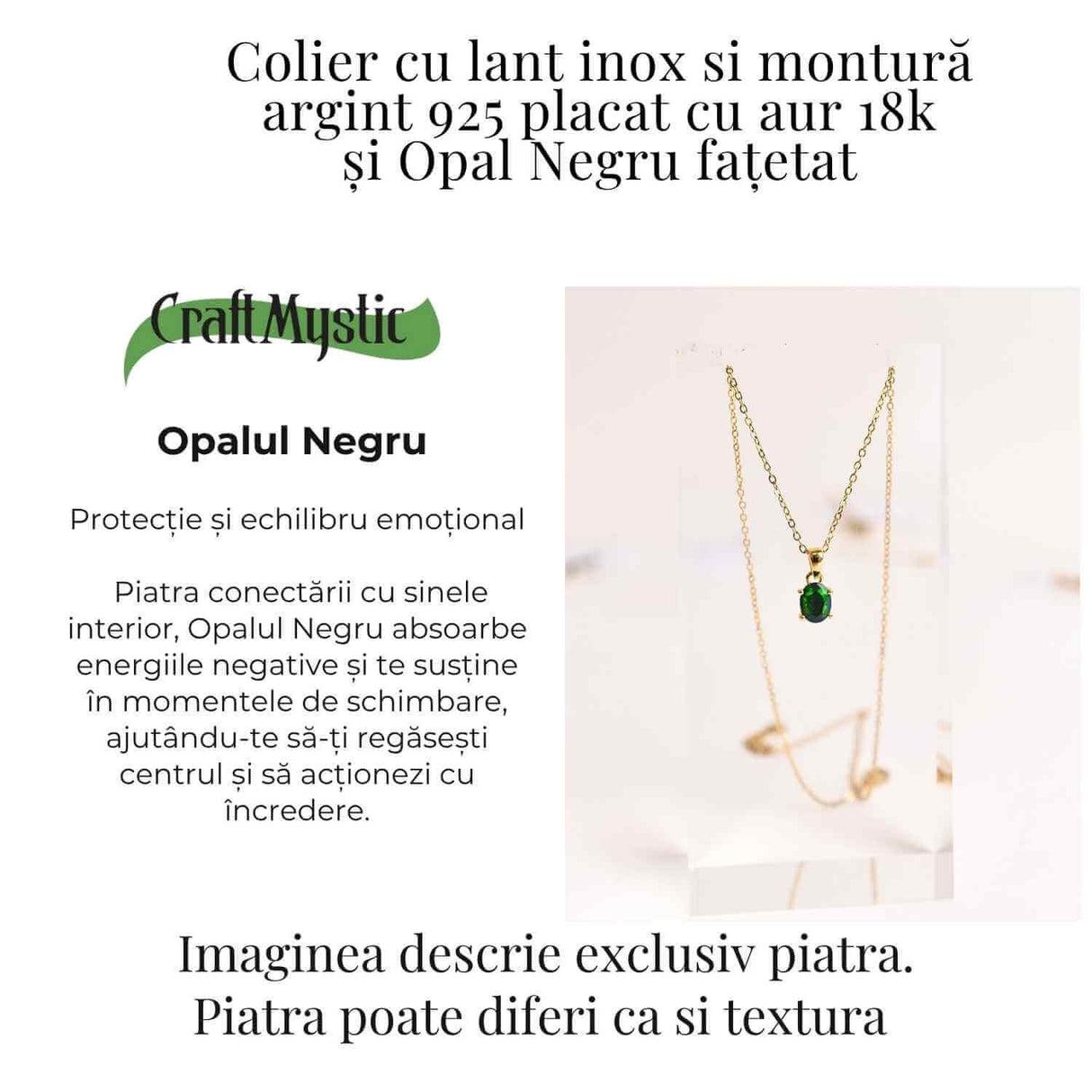 Colier lant inox cu pandantiv montura pe argint 925 placat cu aur 18k si Opal Negru - Protectie si claritate emotionala
