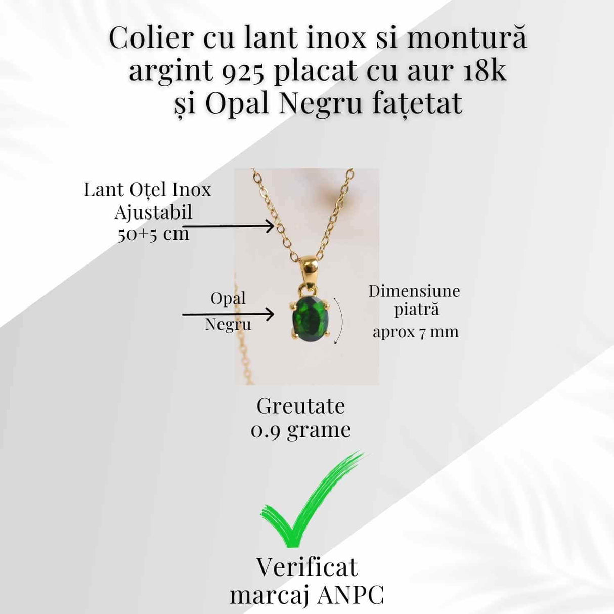 Colier lant inox cu pandantiv montura pe argint 925 placat cu aur 18k si Opal Negru - Protectie si claritate emotionala