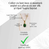 Colier lant inox cu pandantiv montura pe argint 925 placat cu aur 18k si Opal Negru - Protectie si claritate emotionala