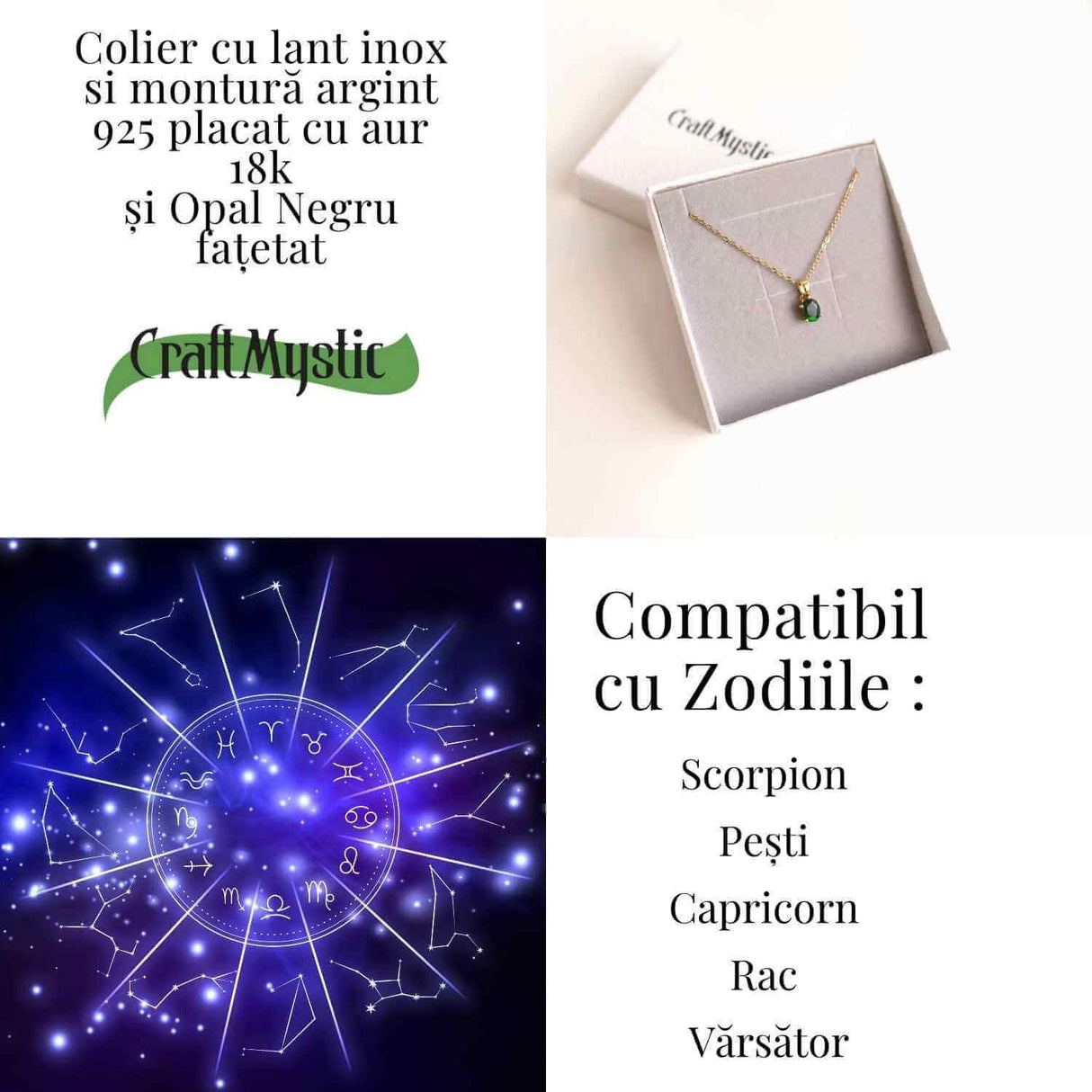 Colier lant inox cu pandantiv montura pe argint 925 placat cu aur 18k si Opal Negru - Protectie si claritate emotionala