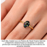 Inel Argint 925 placat cu aur 18K cu Opal Negru Fațetat oval- o reflexie profunda a intuitiei purtate cu gratie
