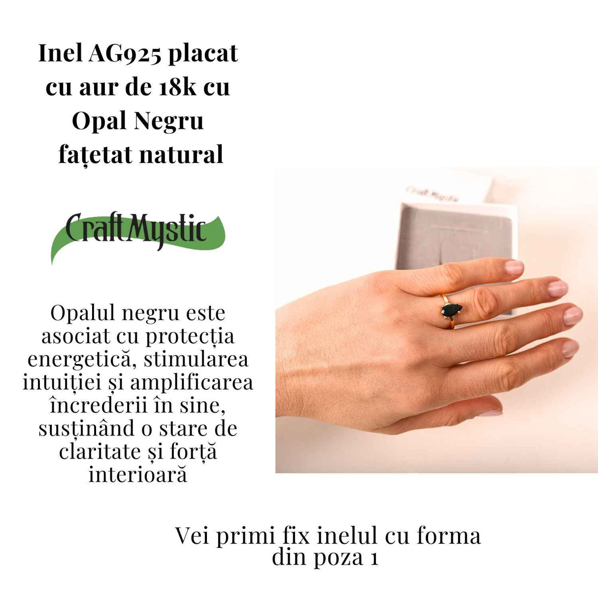 Inel Argint 925 placat cu aur 18K cu Opal Negru Fațetat oval- o reflexie profunda a intuitiei purtate cu gratie