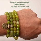 Dubla utilizare Bratara/Colier Mala din Agat Verde cu 108 Margele de 8mm Ajustabila si Elastica, cu Simbolul Lotus si Viata pentru Yoga