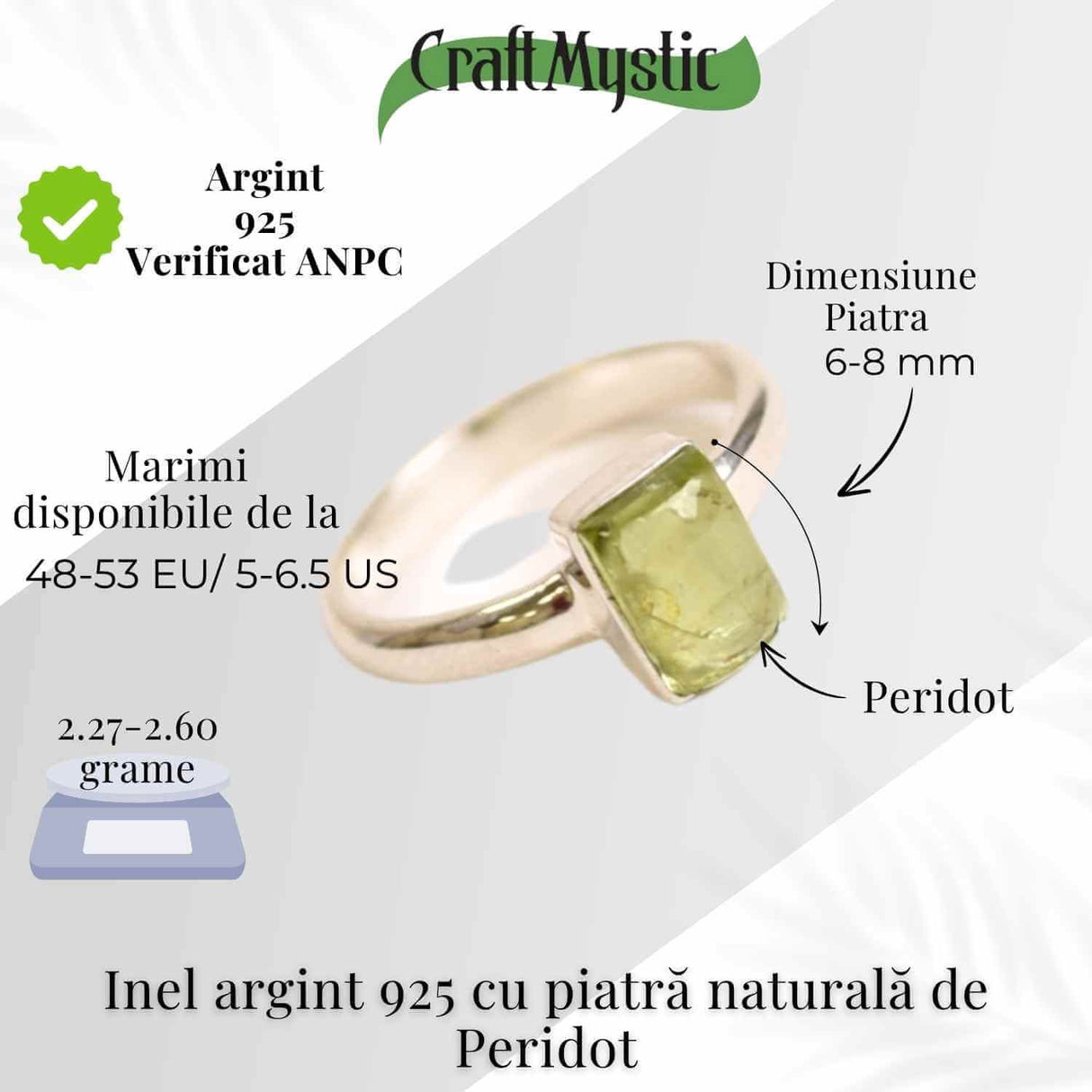 Inel argint 925 cu Peridot natural dreptunghiular/patrat - Energie si Prosperitate