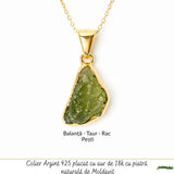 Colier cu Moldavit Brut si Argint 925 Placat Aur 18k– Conexiune si Transformare