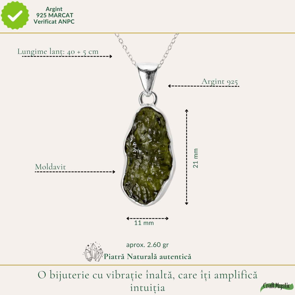 Colier Moldavit Brut Neuniform Argint 925 – Energie si Claritate Interioara