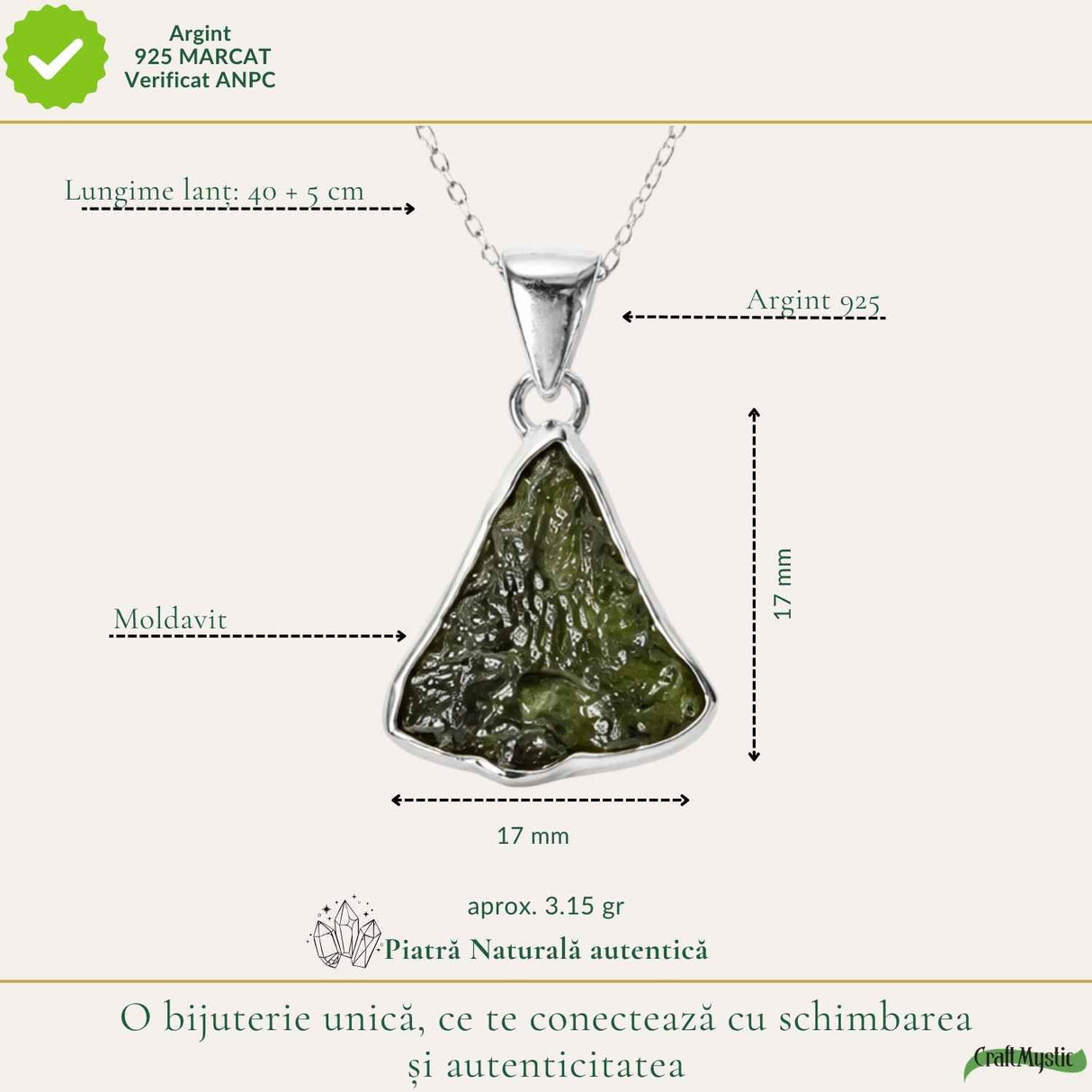 Colier Moldavit Brut Triunghi Argint 925 – Energie si Claritate Interioara