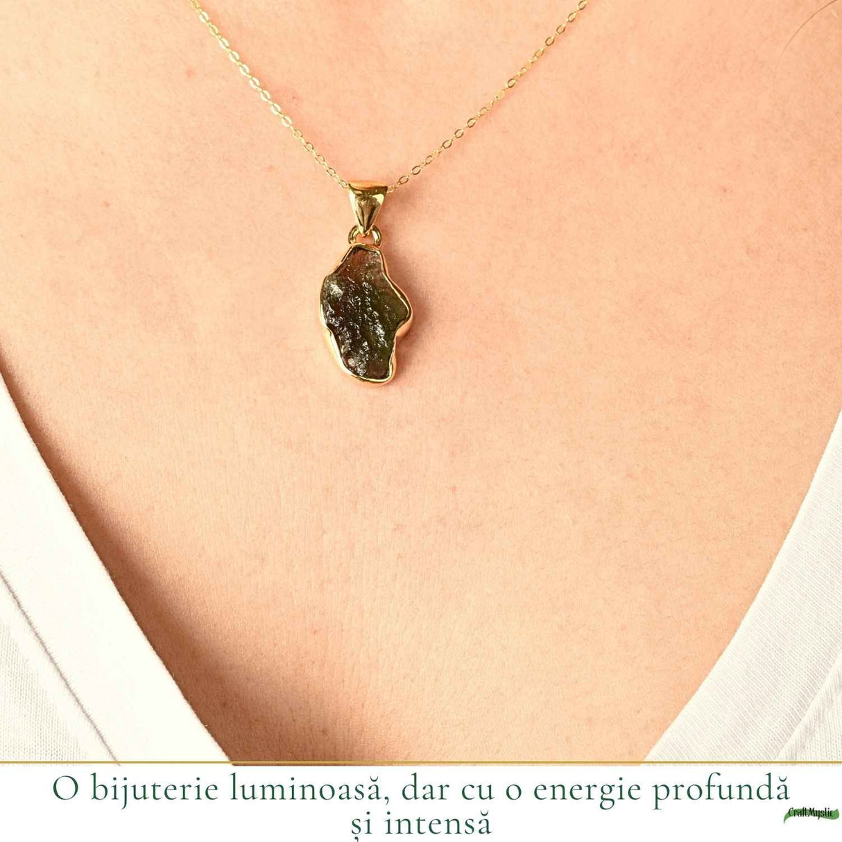 Colier Moldavit Brut Neuniform Argint 925 Placat cu Aur – Transformare si Energie Autentica
