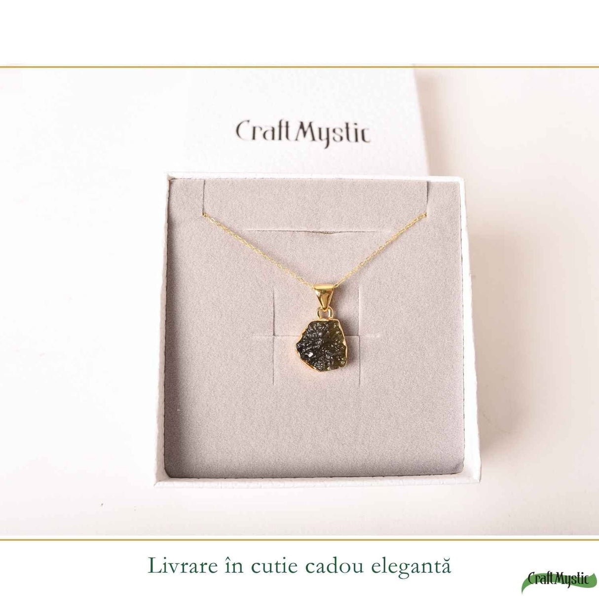 Colier cu Moldavit si argint placat cu Aur de 18K - Bijuterie Spirituala si Unica