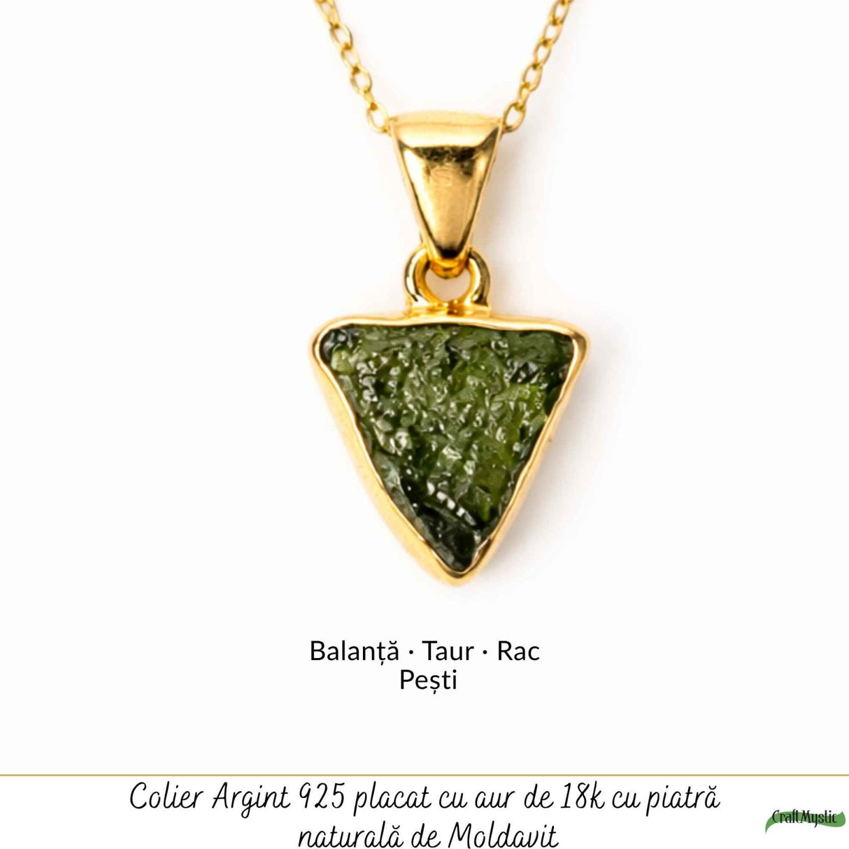 Colier Moldavit Brut Triunghi Argint 925 Placat cu Aur – Energie si Claritate Interioara