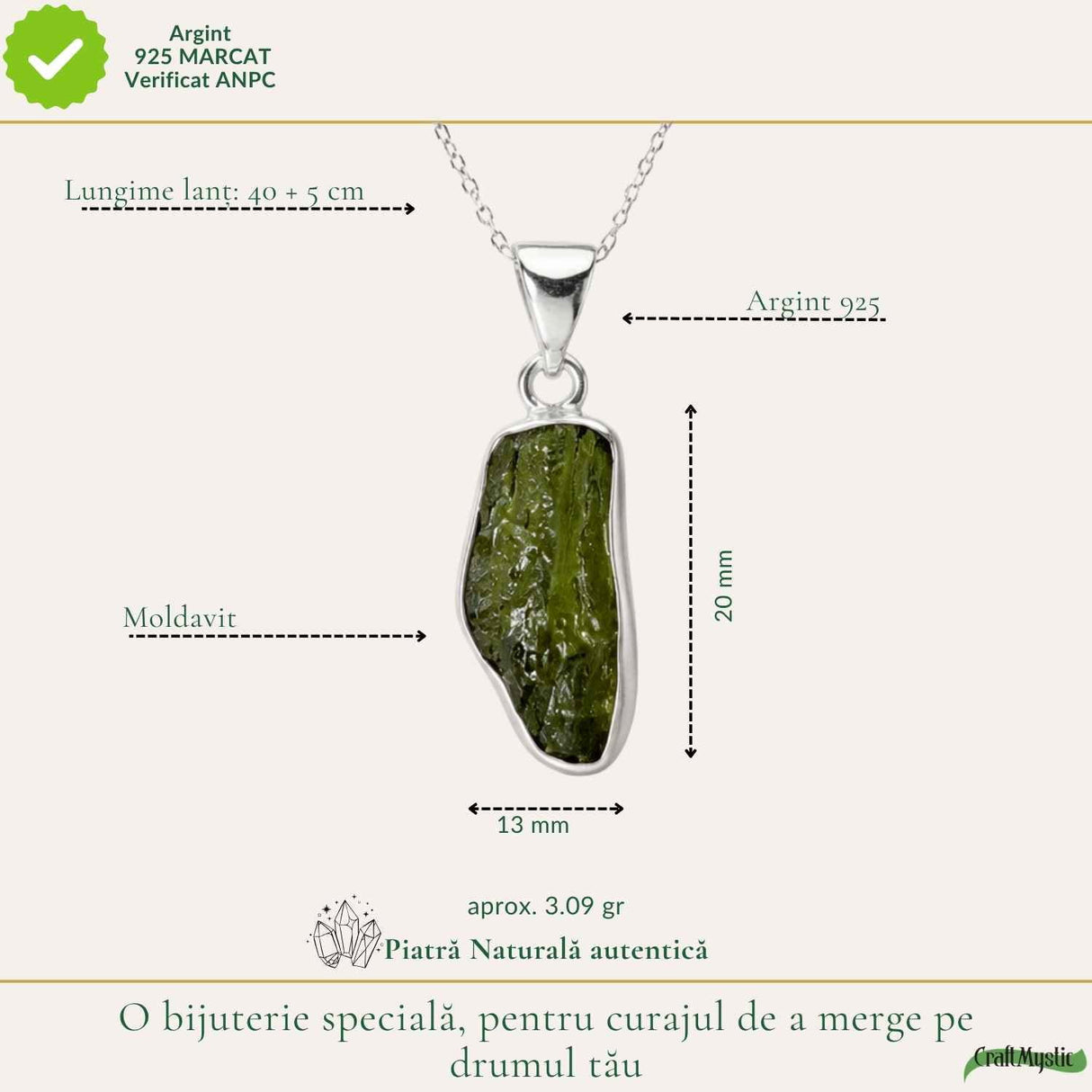 Colier Moldavit Brut Neuniform Argint 925 – Claritate si Transformare Autentics