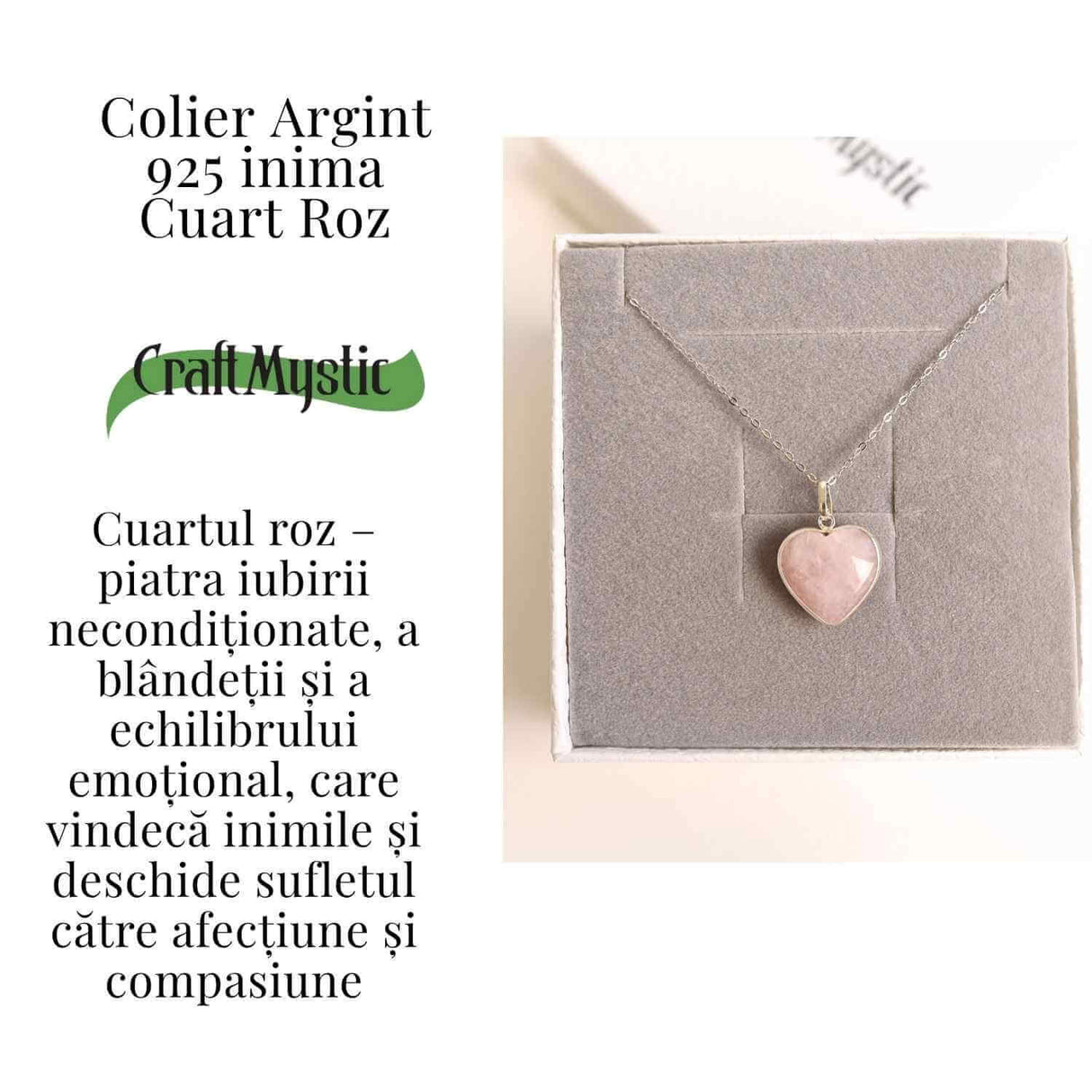 Simbolul Iubirii Pure - Colier Inima Cuart Roz din Argint 925