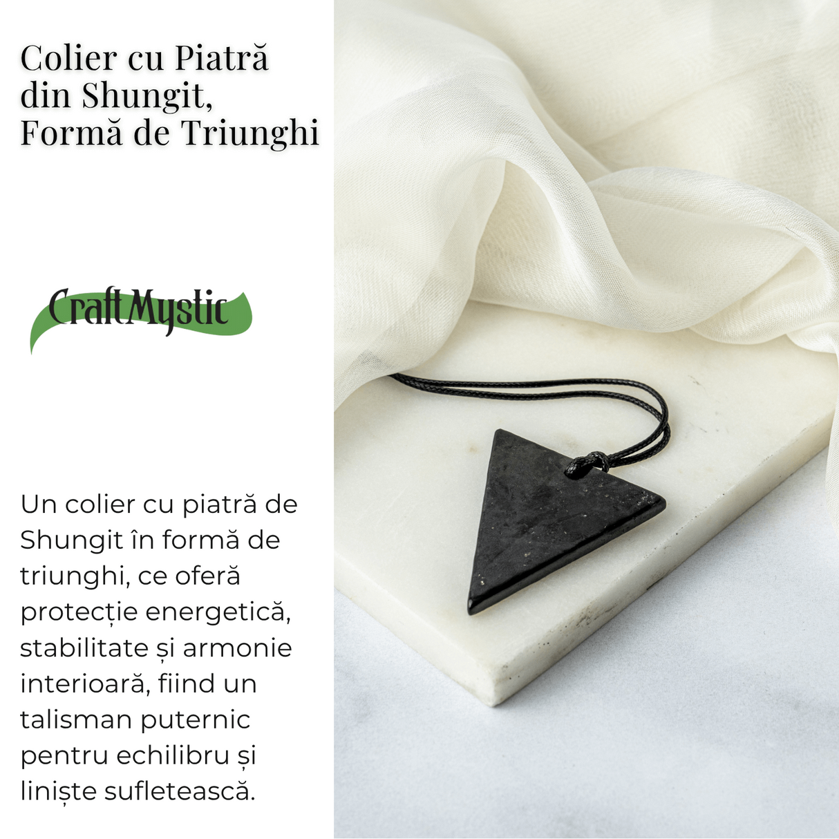 Colier cu Pandantiv Triunghiular din Shungit Natural - Protectie Energetica si Echilibru Interior