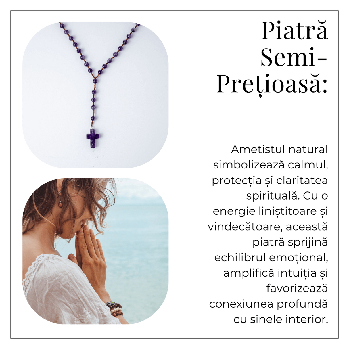 Colier cu Margele din Ametist Natural si Pandantiv Cruce - Liniste Interioara si Protectie Spirituala
