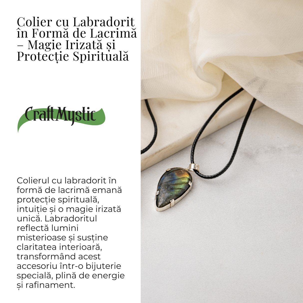 Colier cu Labradorit Natural în Forma de Picatura - Protectie, Intuitie si Stralucire Irizata