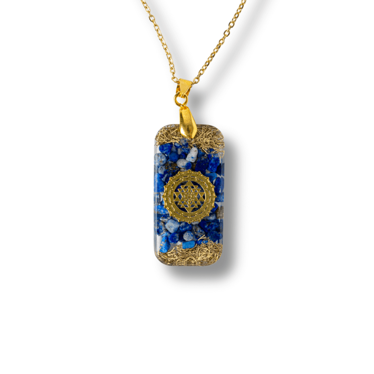 Colier cu Lapis Lazuli si Rasina - Pandantiv Dreptunghiular cu Simbol Sacru Sri Yantra