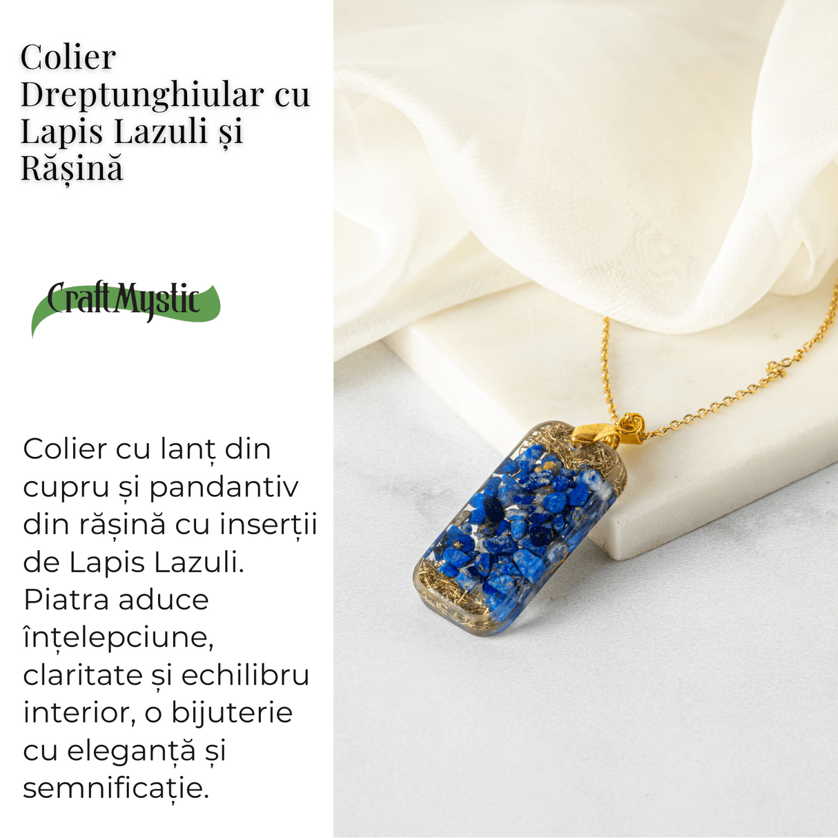 Colier cu Lapis Lazuli si Rasina - Pandantiv Dreptunghiular cu Simbol Sacru Sri Yantra