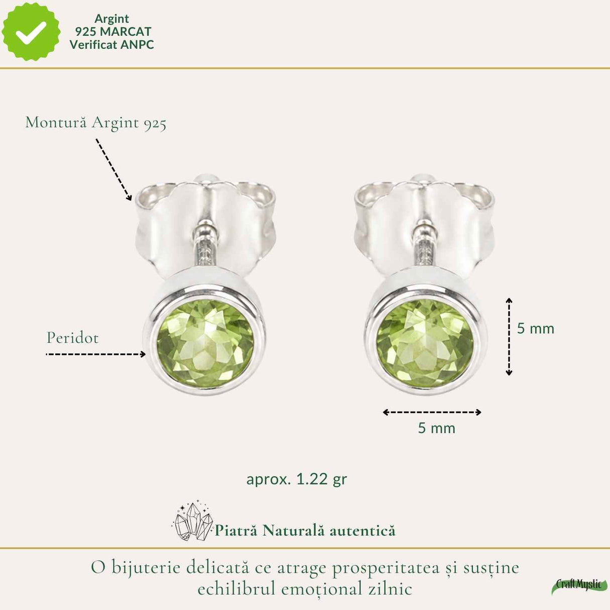 Cercei Argint 925 cu Peridot Fatetat Rotund – Prosperitate si Energie Pozitiva