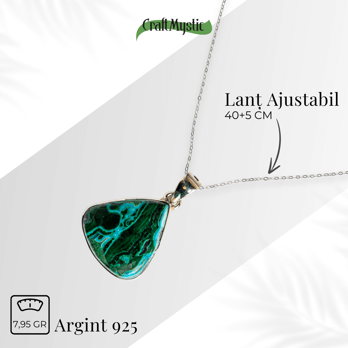 Colier protectie si echilibru emotional - Malachit si Crisocola montura Argint 925 8.35 gr
