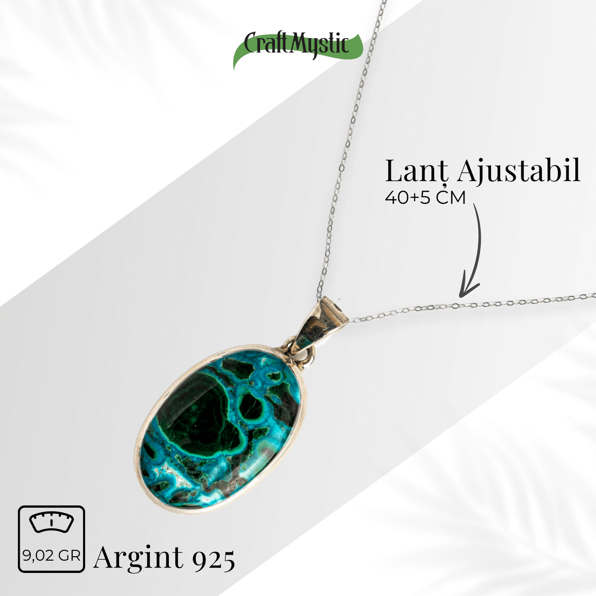 Colier protectie si echilibru emotional - Malachit si Crisocola montura Argint 925 8.35 gr