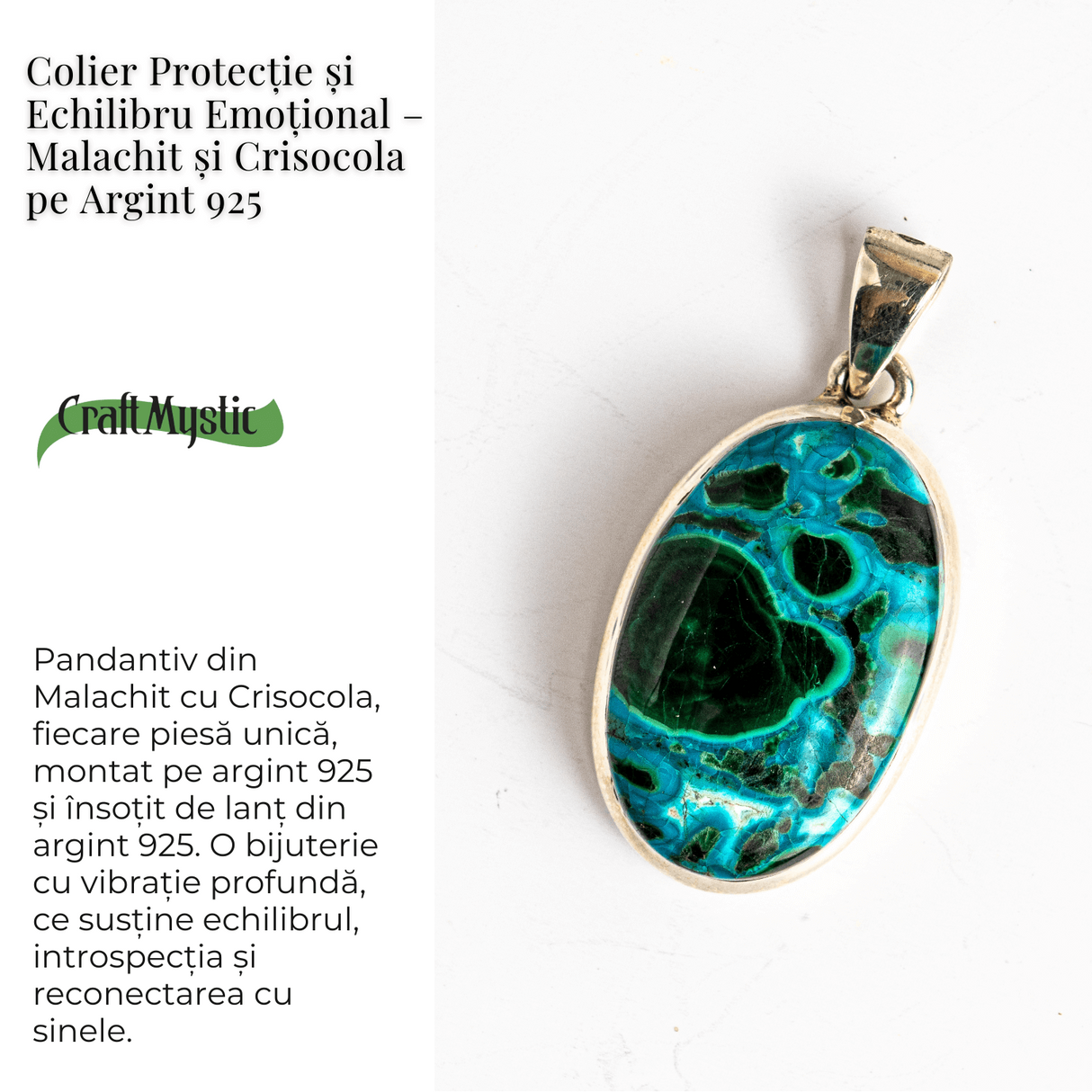 Colier protectie si echilibru emotional - Malachit si Crisocola montura Argint 925 8.35 gr
