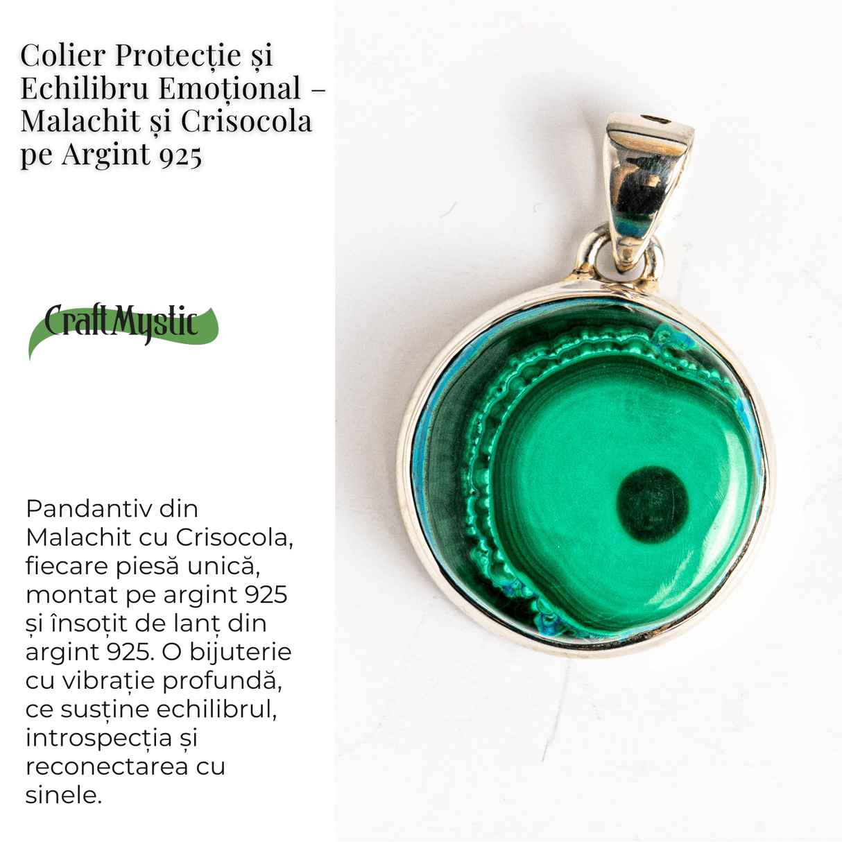 Colier protectie si echilibru emotional - Malachit si Crisocola montura Argint 925 8.35 gr