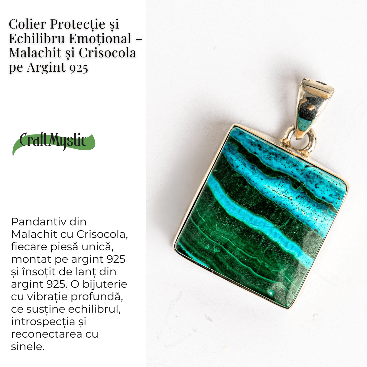 Colier protectie si echilibru emotional - Malachit si Crisocola montura Argint 925 8.35 gr