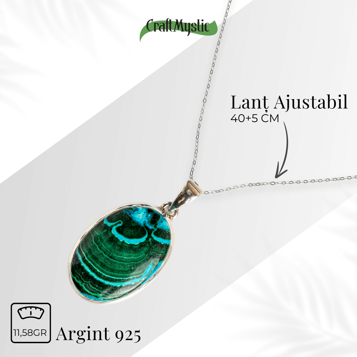 Colier protectie si echilibru emotional - Malachit si Crisocola montura Argint 925 8.35 gr
