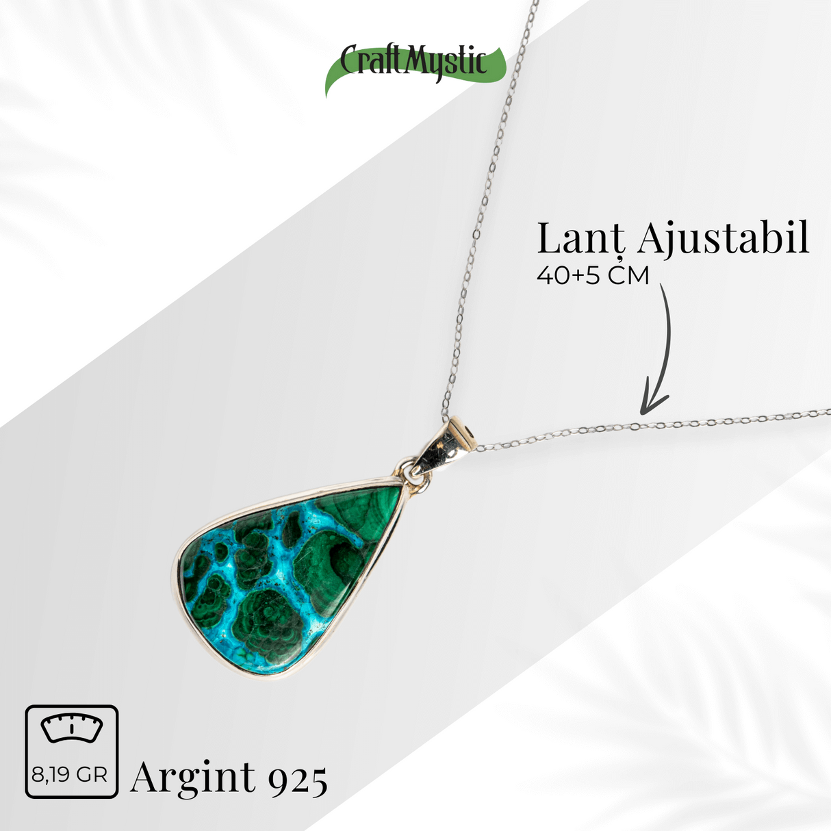 Colier protectie si echilibru emotional - Malachit si Crisocola montura Argint 925 8.35 gr