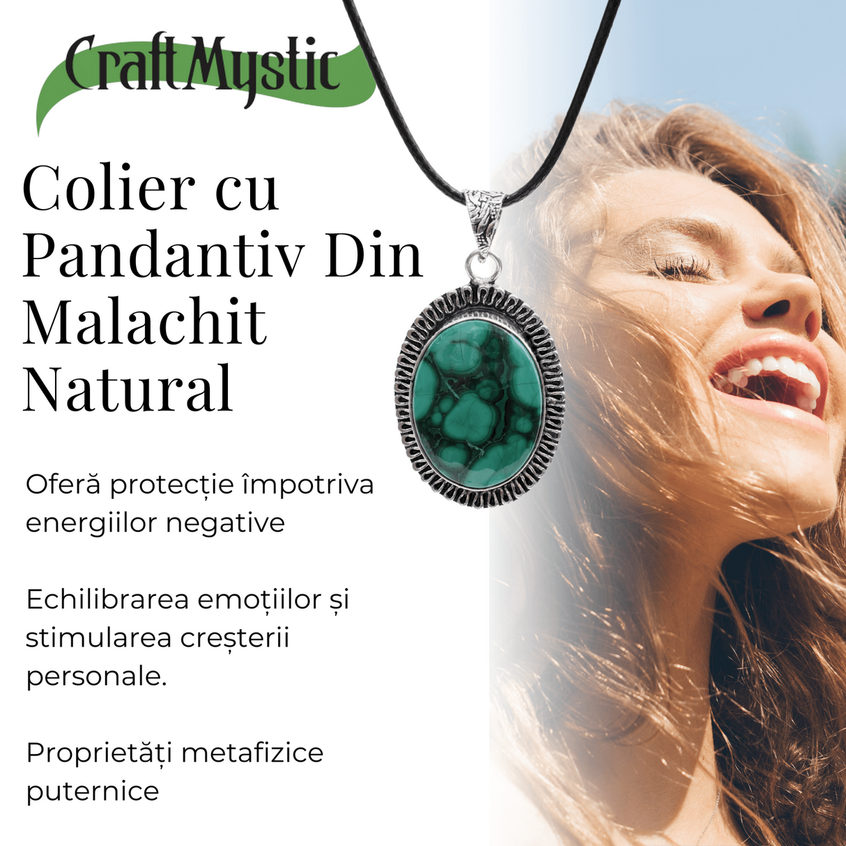 Colier Reglabil cu Pandantiv Argintiu Malachit Qadri