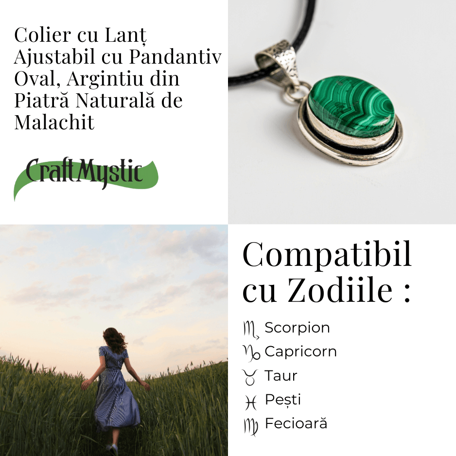 Colier ajustabil cu pandantiv oval din Malachit Natural - Protectie si Echilibru Energetic