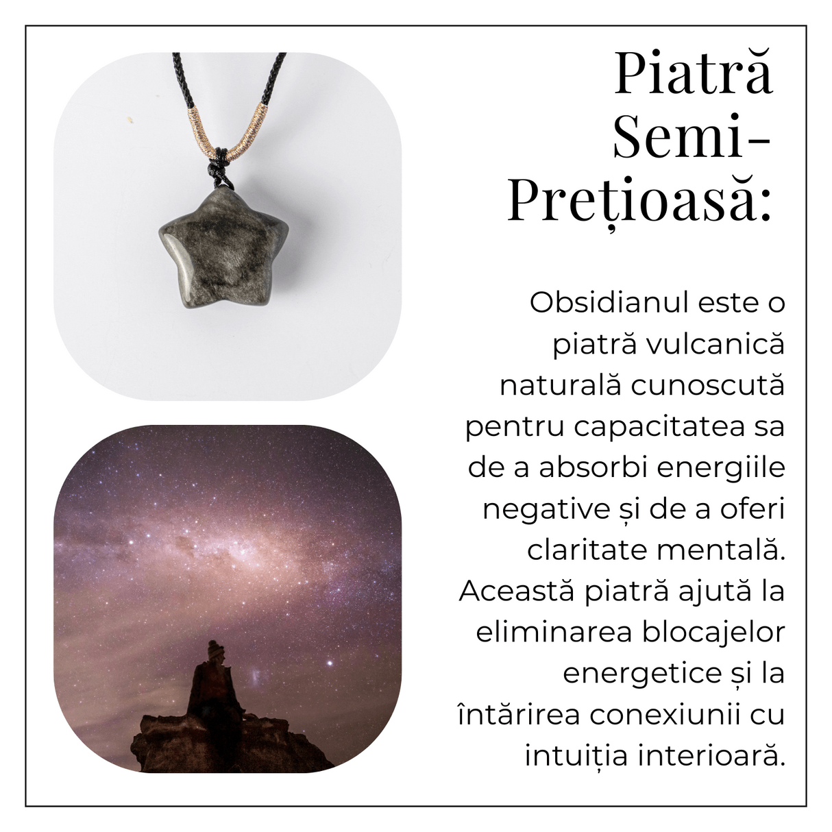 Colier Stea din Obsidian de Gheata Natural cu Snur Reglabil - Protectie si Claritate Interioara