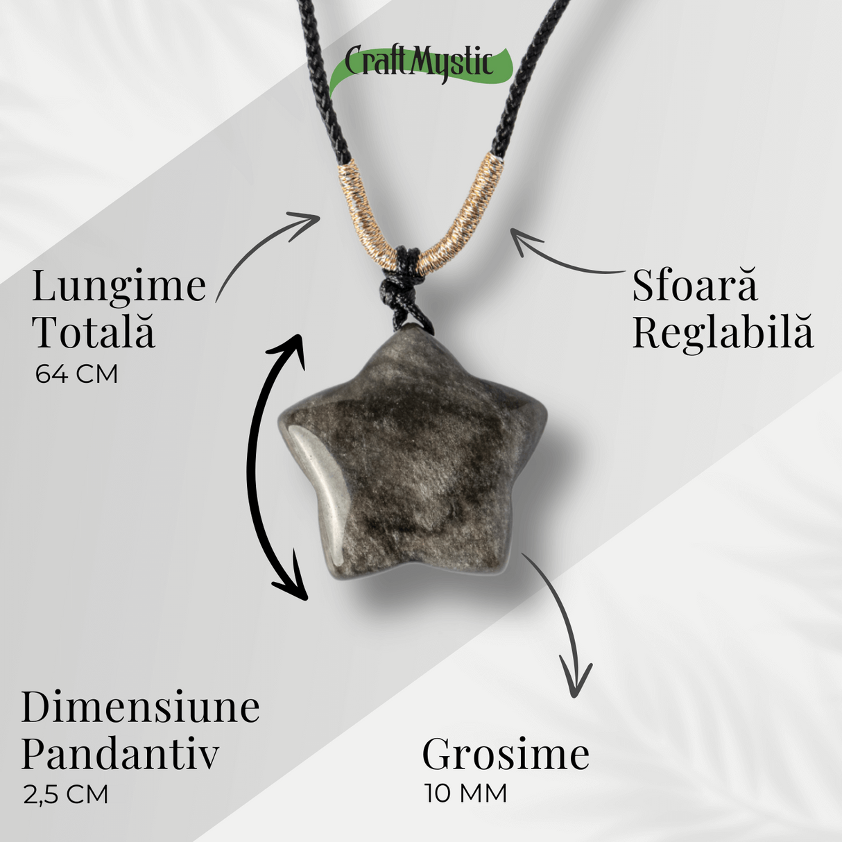 Colier Stea din Obsidian de Gheata Natural cu Snur Reglabil - Protectie si Claritate Interioara