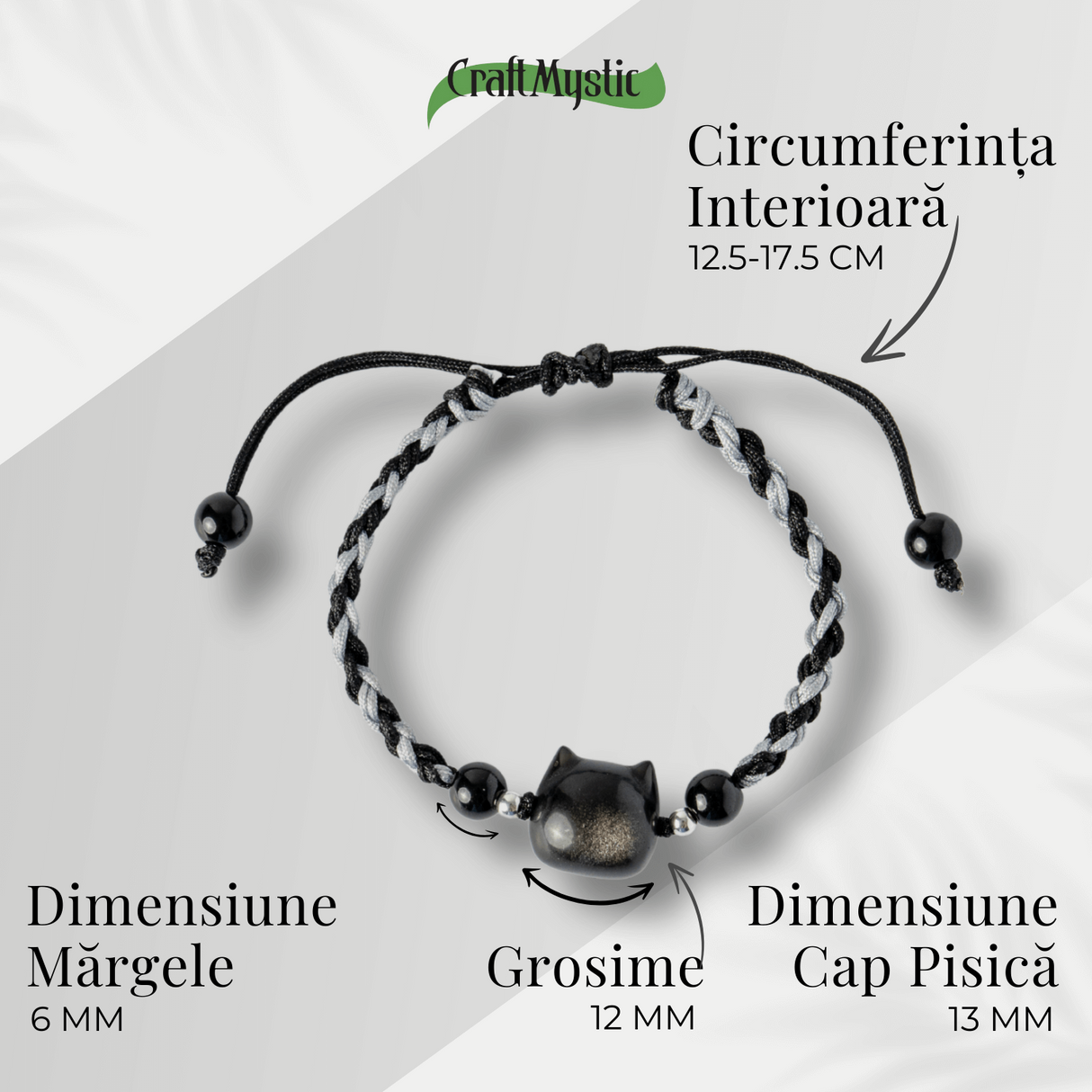 Bratara Ajustabila cu Pisica din Obsidian de Gheata si Agata Neagra Naturala - Talisman al Protectiei si Claritatii