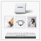 Bratara Ajustabila cu Pisica din Obsidian de Gheata si Agata Neagra Naturala - Talisman al Protectiei si Claritatii
