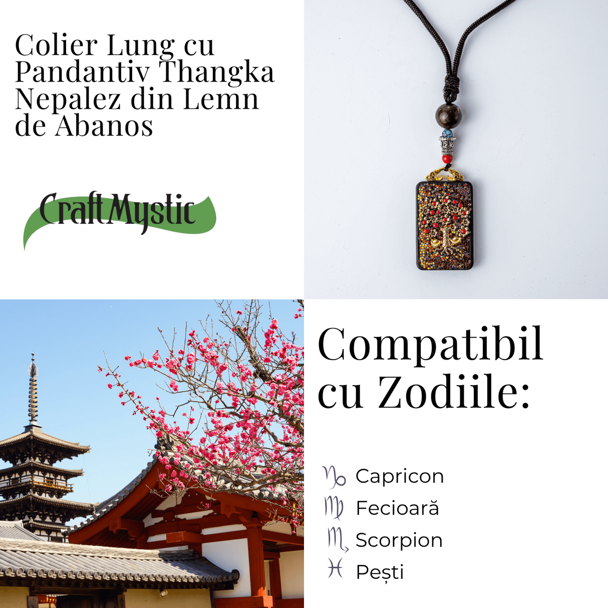 Colier Thangka Nepalez din Lemn de Abanos cu Arborele Vietii - Protectie, Armonie si Renastere Spirituala